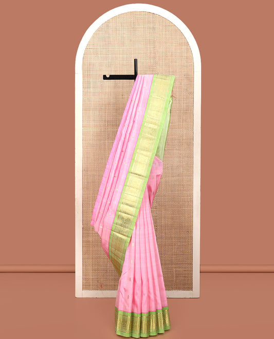 Pink Kanchipuram Silk Saree Features Zari Buttas, a Contrast One-Sided Zari Border, Zari-Woven Pallu, and No Blouse