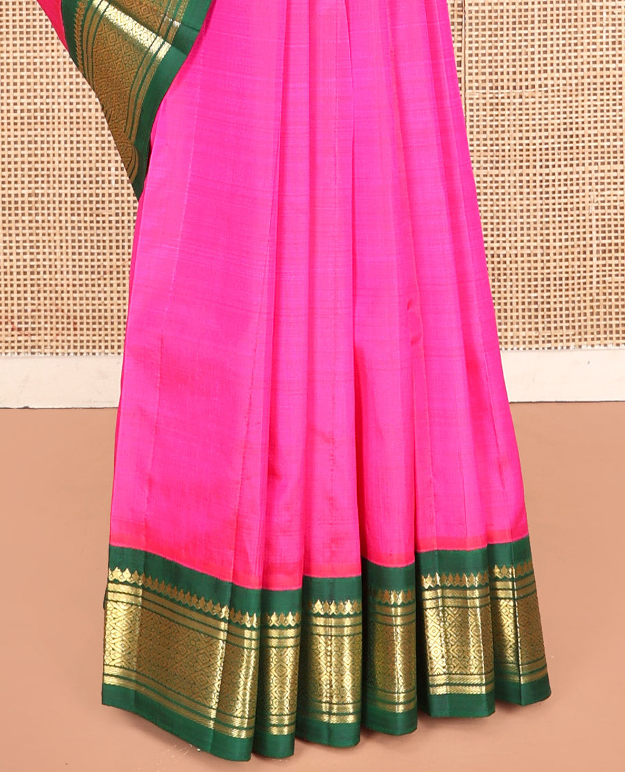 Pink Kanchipuram Silk Saree, Finely Crafted with Zari Buttas, Contrast Korvai Border of Thilakam Mokku, Banaras, and Jaal, Zari Design Pallu, and No Blouse