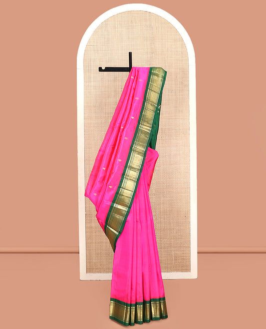 Pink Kanchipuram Silk Saree, Finely Crafted with Zari Buttas, Contrast Korvai Border of Thilakam Mokku, Banaras, and Jaal, Zari Design Pallu, and No Blouse