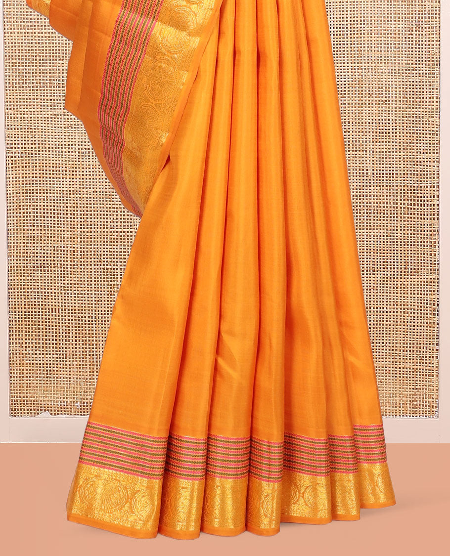 Yellow Plain Kanchipuram Silk Saree, Highlighted by Self-Border of Neli, Muthu, and Iru Thalai Pakshi Designs, a Self-Pallu, and Matching Blouse