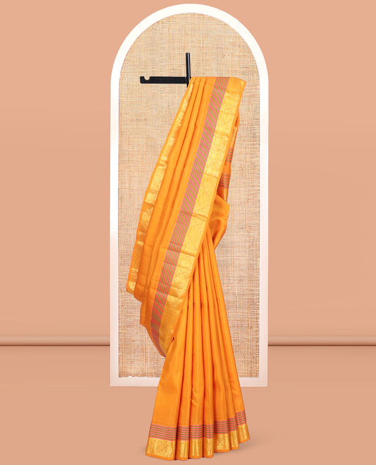 Yellow Plain Kanchipuram Silk Saree, Highlighted by Self-Border of Neli, Muthu, and Iru Thalai Pakshi Designs, a Self-Pallu, and Matching Blouse
