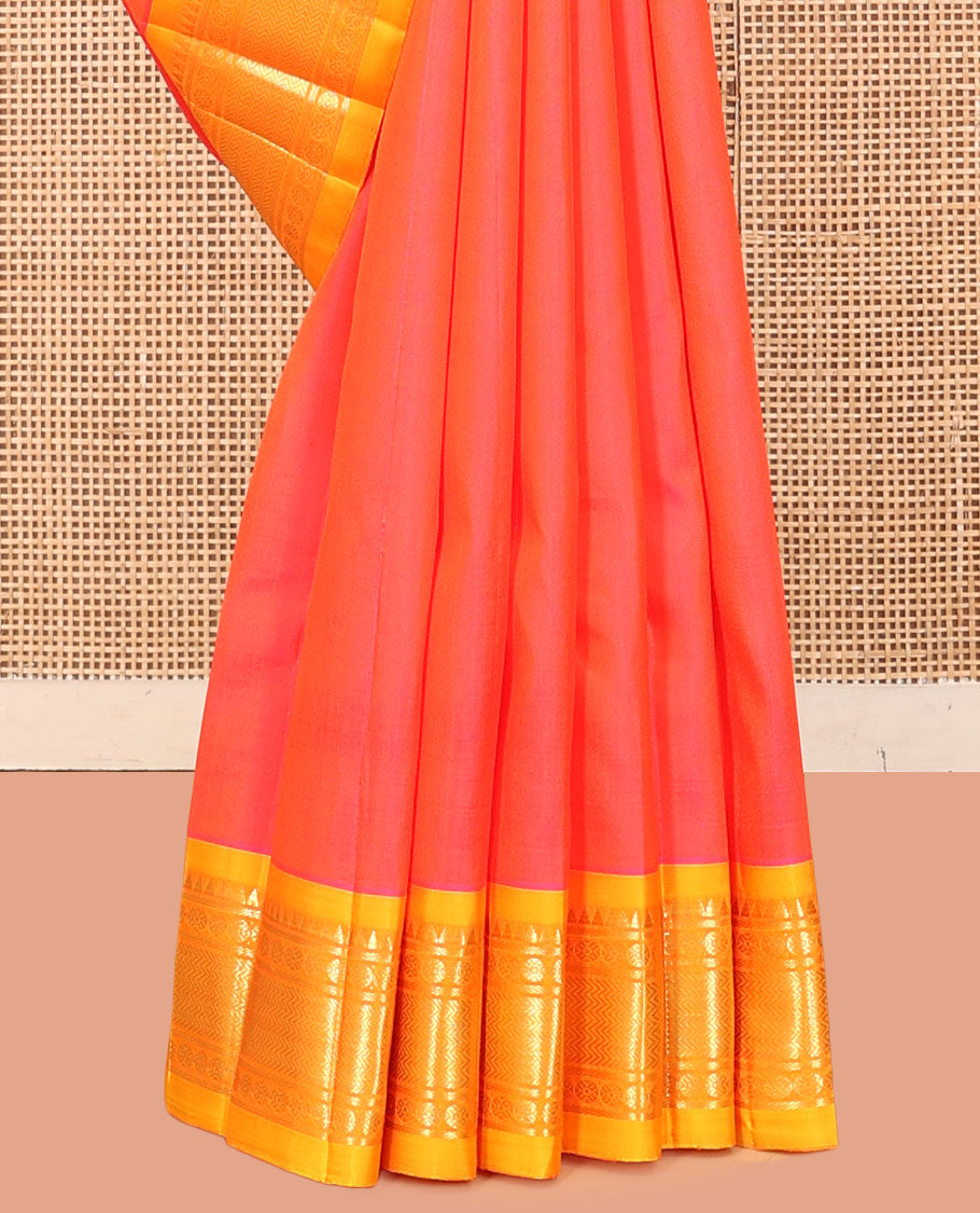 Pink Kanchipuram Silk Saree, Prettified with Zari Buttas, a Contrast One-Sided Border of Rekku, Banaras, Vanki, and Rudraksham Designs, a Zari Design Pallu, and No Blouse