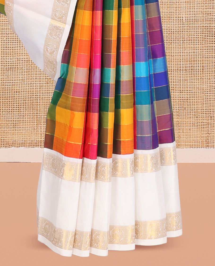 Multi-Color Palum Pazhamum Kattam Kanchipuram Silk Saree, Complemented by a Contrast Korvai Rettai Pettu Mayil Border, Checked Pallu, and Contrast Blouse