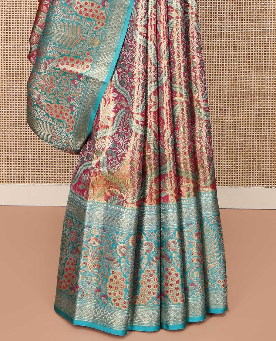 Wine Kanchipuram Tissue Silk Saree, Meticulously Crafted with Jacquard Design On Its Body, Complemented by Meenakari Border of Peacocks, Grand Jaal Pallu and Paired with a Contrast Blouse