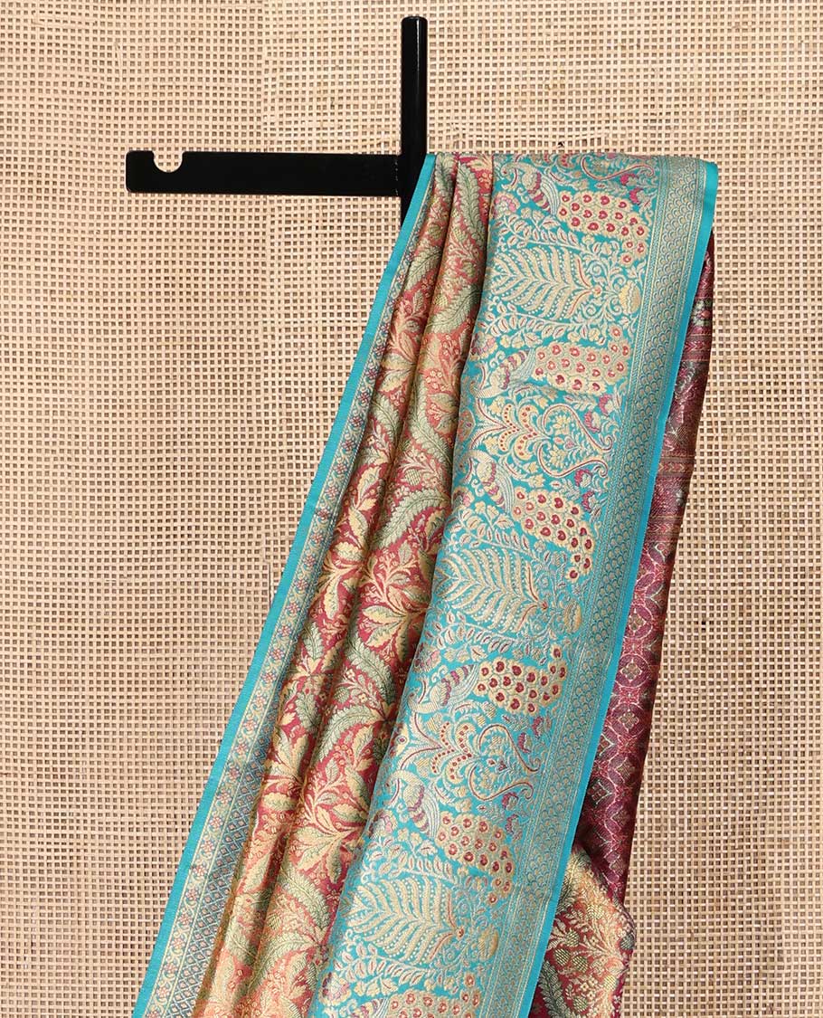 Wine Kanchipuram Tissue Silk Saree, Meticulously Crafted with Jacquard Design On Its Body, Complemented by Meenakari Border of Peacocks, Grand Jaal Pallu and Paired with a Contrast Blouse