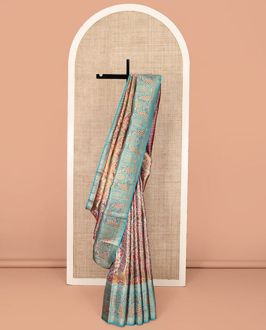 Wine Kanchipuram Tissue Silk Saree, Meticulously Crafted with Jacquard Design On Its Body, Complemented by Meenakari Border of Peacocks, Grand Jaal Pallu and Paired with a Contrast Blouse