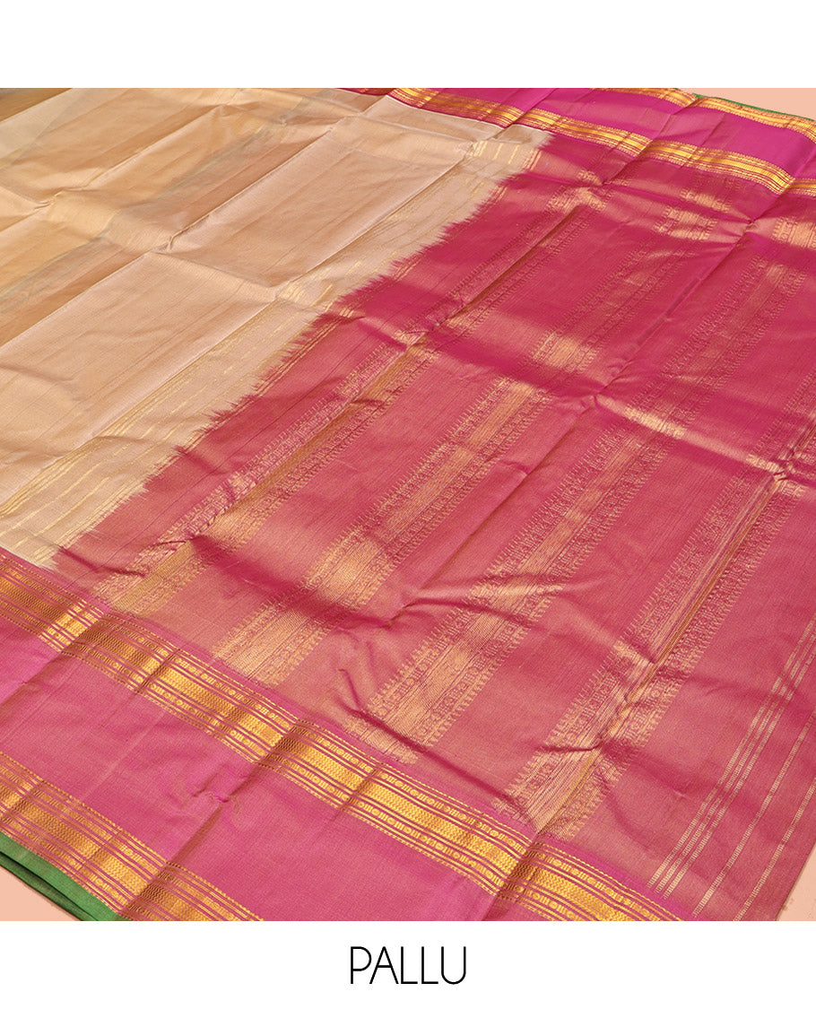 Sandal Plain Kanchipuram Silk Saree, Complemented by Contrast Rettai Pettu Border of Rekku, Rudraksham, and Vanki Designs, Pallu of Traditional Zari Designs, and Paired with a Contrast Blouse