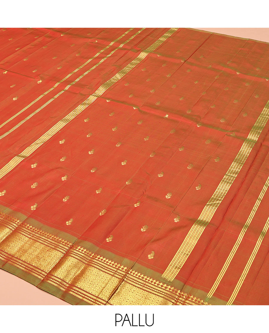 Orange Kanchipuram Silk Saree, Crafted with Zari Buttas, Complemented by a Contrast One-Sided Border of Panner Sombu, Banaras, Muthu, and Jaal Designs, Grand Pallu, and No Blouse