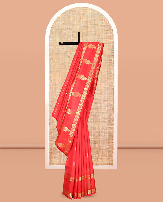Red Kanchipuram Silk Saree, Detailed with Zari Buttas, Highlighted by a One-Sided Rettai Pettu Zari Border, Floral Design Pallu, and a No Blouse