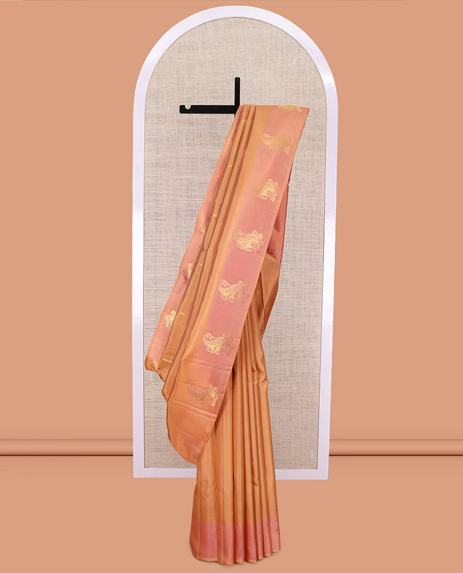 Orange Kanchipuram Silk Saree, Woven with Zari Buttas, Complemented by Semi Contrast Manga Motif Border, Pallu of Zari Design, and a Contrast Blouse