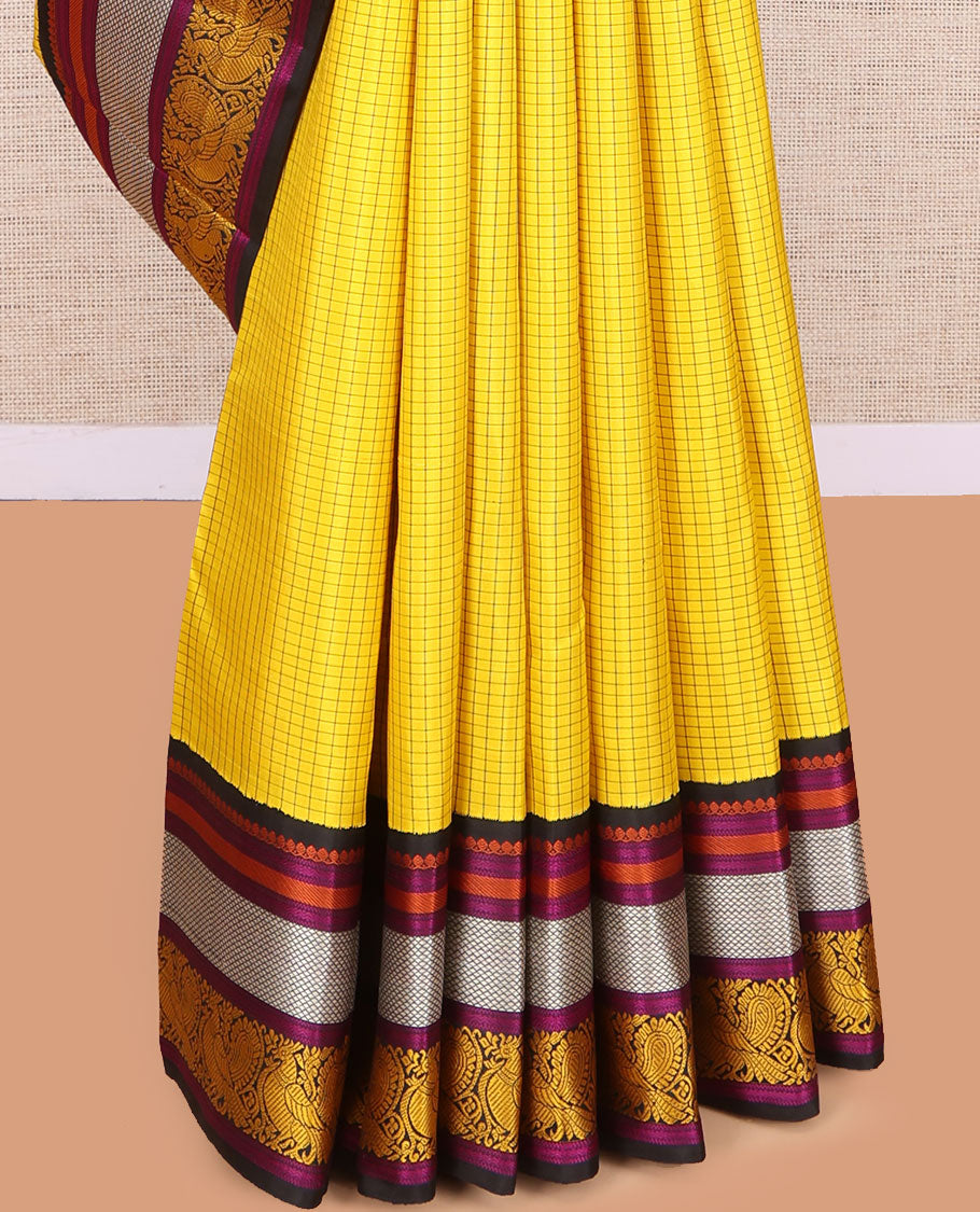 Yellow Kanchipuram Silk Saree, Woven with Checks, Complemented by Contrast Korvai Border of Thilakam Mokku, Rettai Neli, Kuyil Kann and Mayil Designs, Ara Maadam Pallu, and a Contrast Blouse