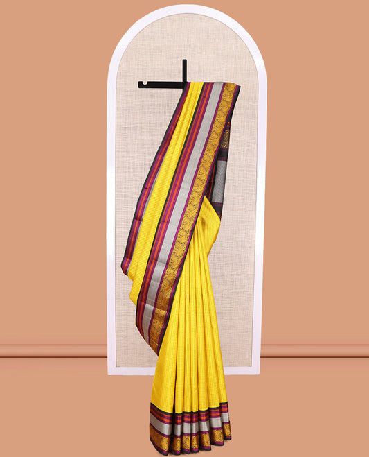 Yellow Kanchipuram Silk Saree, Woven with Checks, Complemented by Contrast Korvai Border of Thilakam Mokku, Rettai Neli, Kuyil Kann and Mayil Designs, Ara Maadam Pallu, and a Contrast Blouse