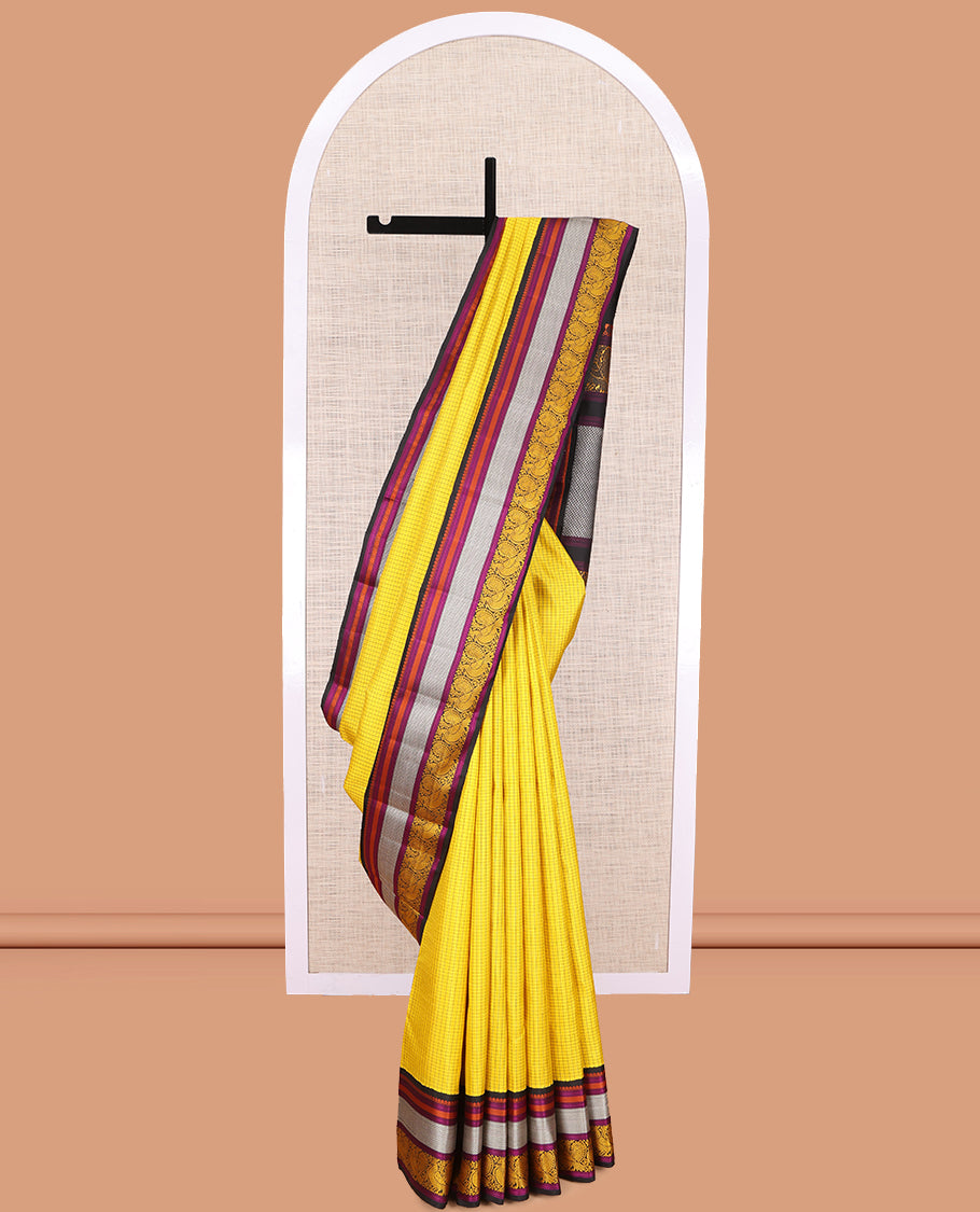 Yellow Kanchipuram Silk Saree, Woven with Checks, Complemented by Contrast Korvai Border of Thilakam Mokku, Rettai Neli, Kuyil Kann and Mayil Designs, Ara Maadam Pallu, and a Contrast Blouse