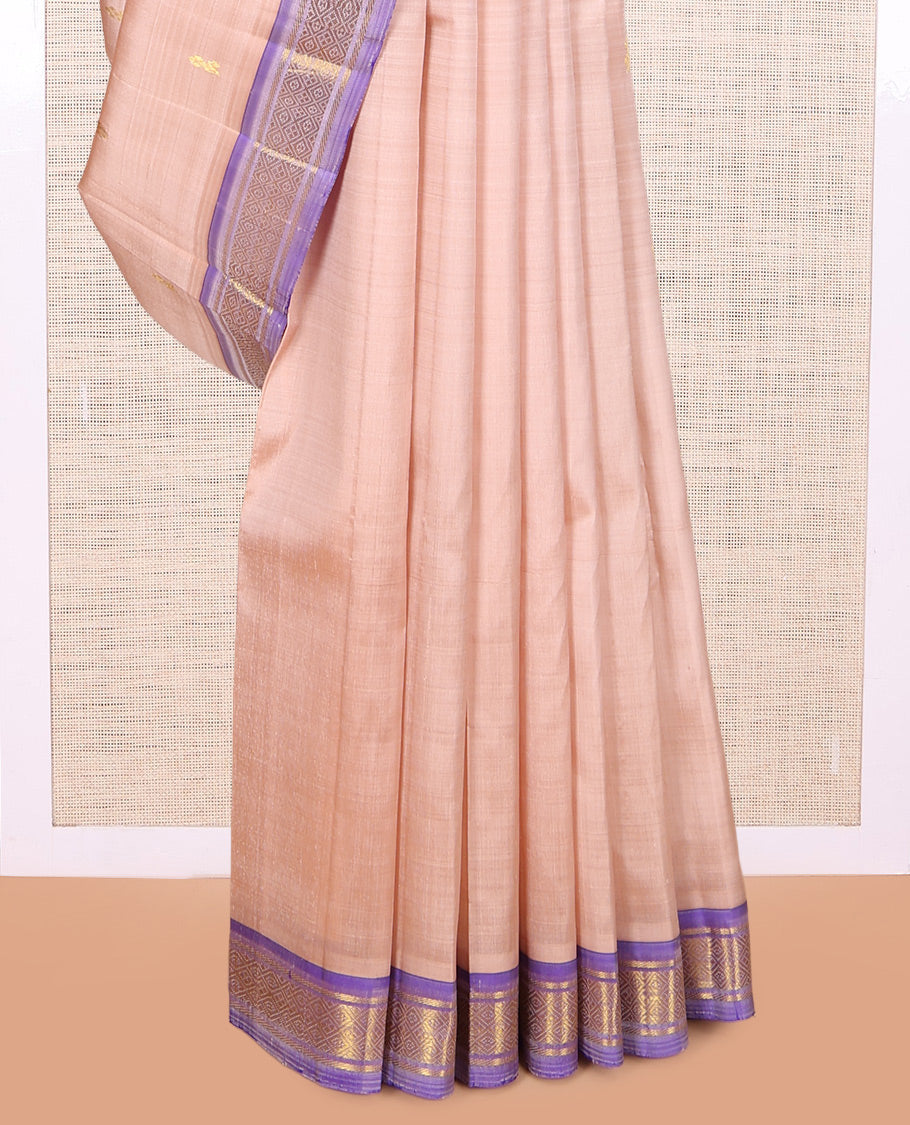 Pale Pink Kanchipuram Silk Saree, Adorned with Zari Buttas, a Contrast One-sided Jaal Design Border, Zari Woven  Pallu, and No Blouse