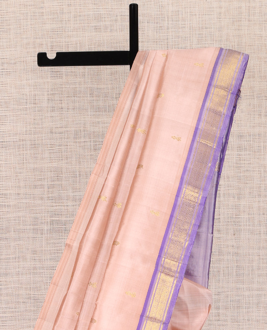 Pale Pink Kanchipuram Silk Saree, Adorned with Zari Buttas, a Contrast One-sided Jaal Design Border, Zari Woven  Pallu, and No Blouse
