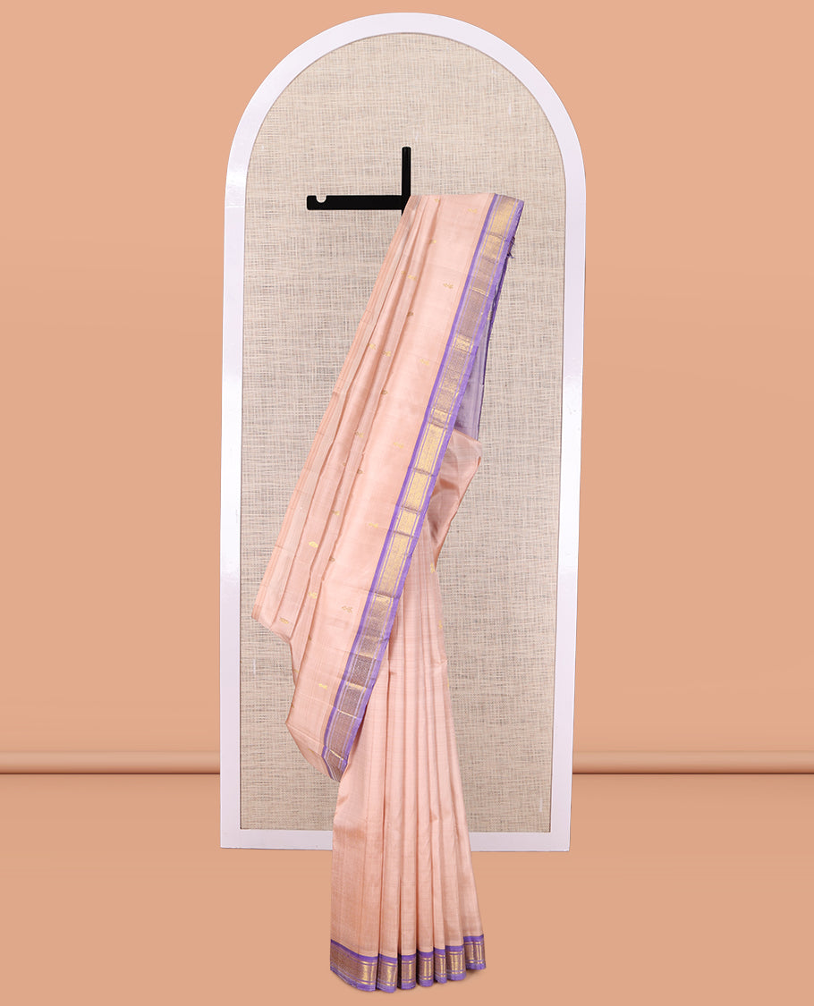Pale Pink Kanchipuram Silk Saree, Adorned with Zari Buttas, a Contrast One-sided Jaal Design Border, Zari Woven  Pallu, and No Blouse