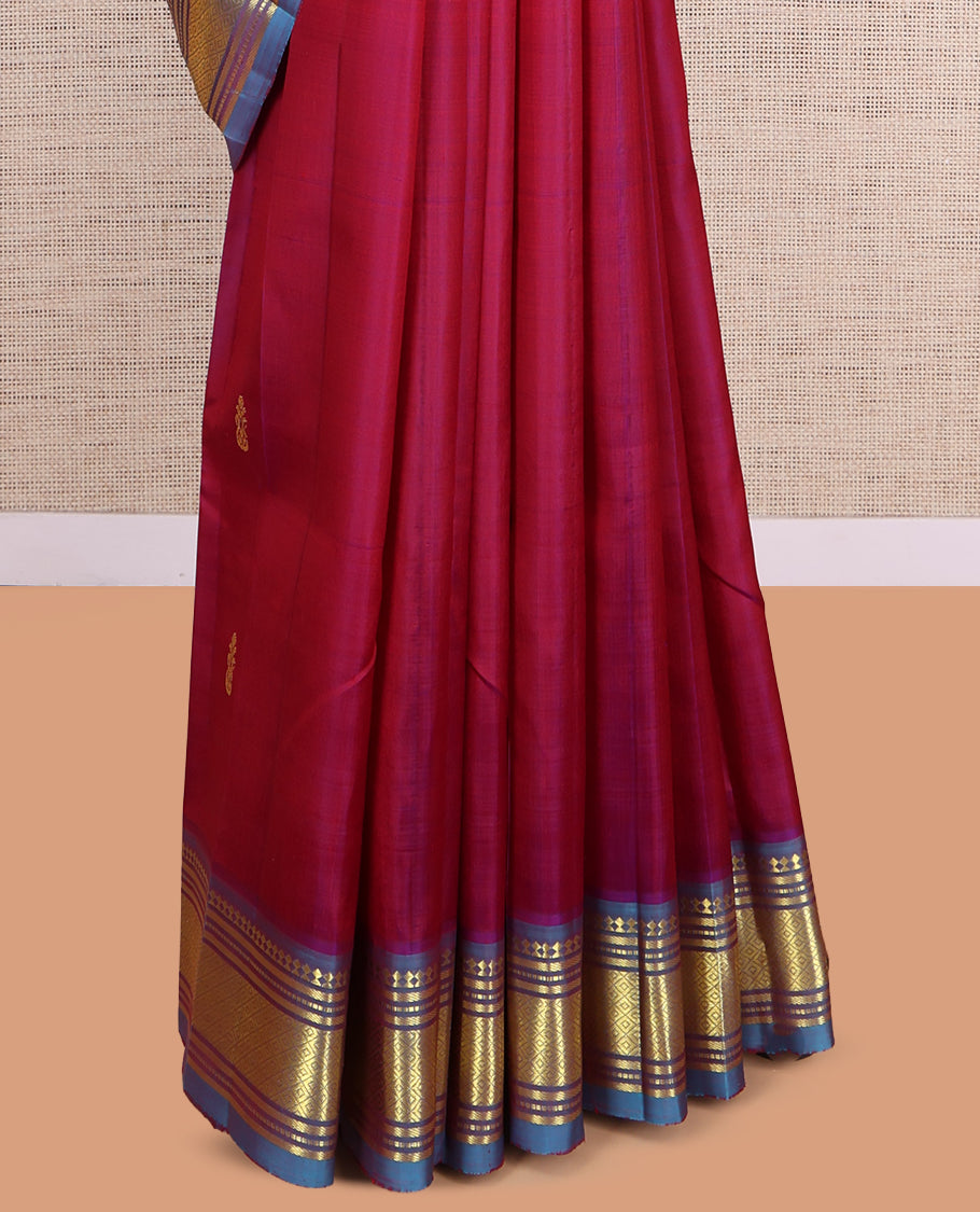 Maroon Kanchipuram Silk Saree, Elevated with Zari Buttas, a Contrast One-Sided Border of Paneer Sombu, Banaras, Muthu, and Mayil Kann Design, Zari Design Pallu, and No Blouse