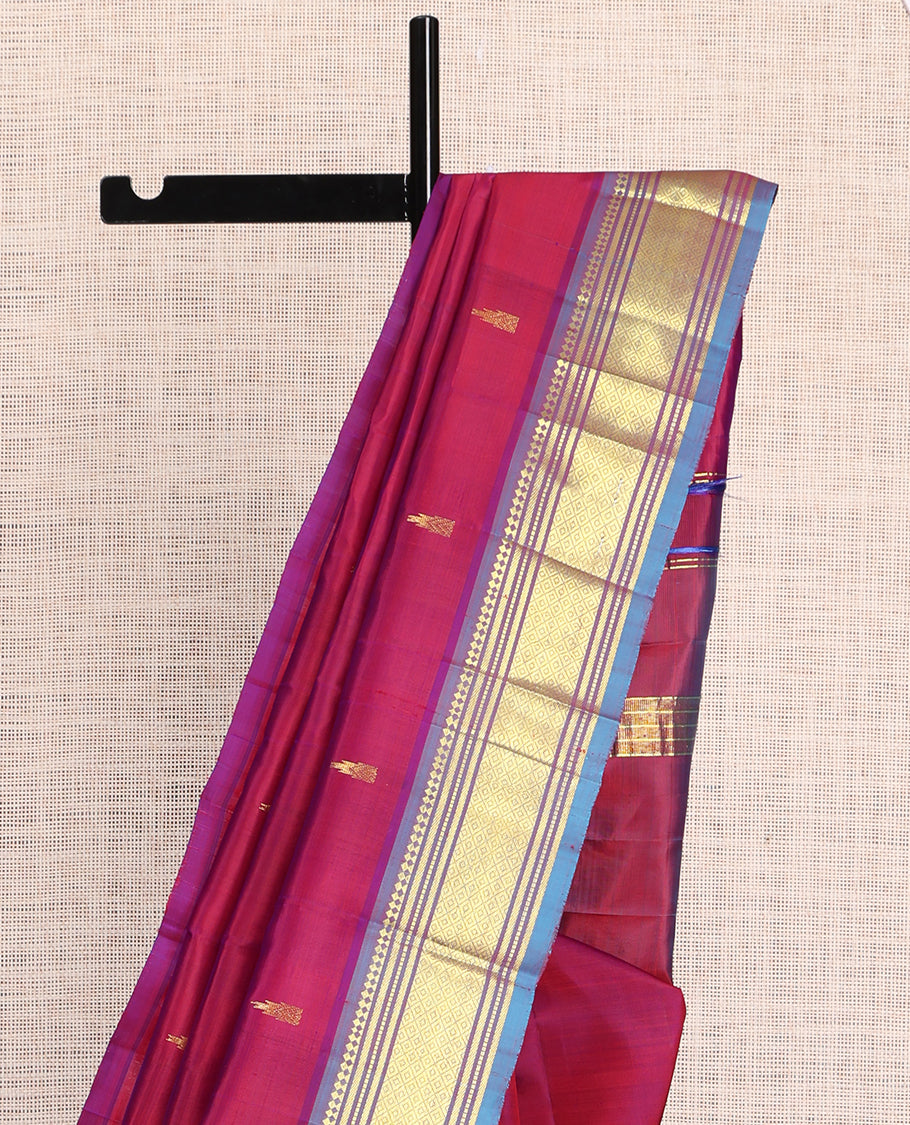 Maroon Kanchipuram Silk Saree, Elevated with Zari Buttas, a Contrast One-Sided Border of Paneer Sombu, Banaras, Muthu, and Mayil Kann Design, Zari Design Pallu, and No Blouse