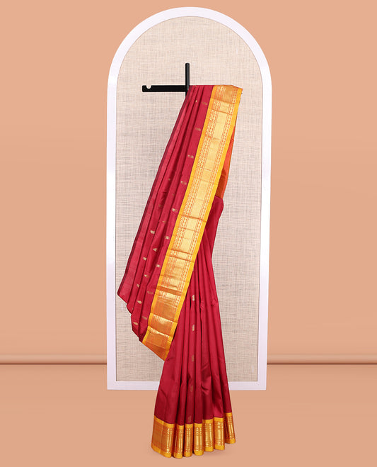 Red Kanchipuram Silk Saree, Woven with Zari Buttas, a Contrast One-Sided Border of Rekku, Banaras, and Vanki Designs, Zari Design Pallu, and No Blouse