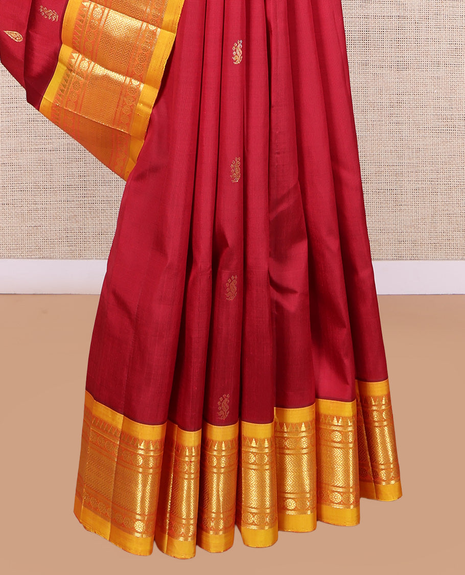 Red Kanchipuram Silk Saree, Woven with Zari Buttas, a Contrast One-Sided Border of Rekku, Banaras, and Vanki Designs, Zari Design Pallu, and No Blouse
