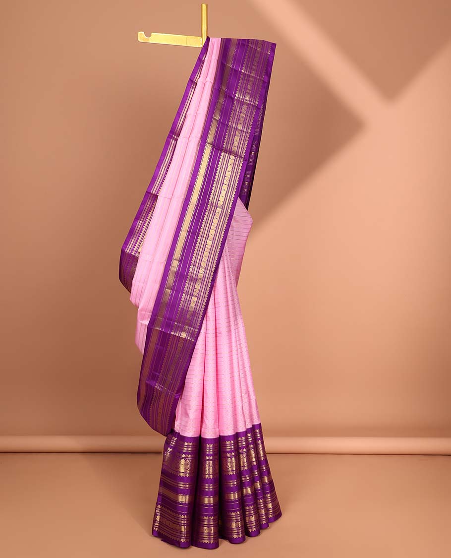 Pink striped silk saree,intricate pallu & contrast korai border of rekku, Mayil kann design