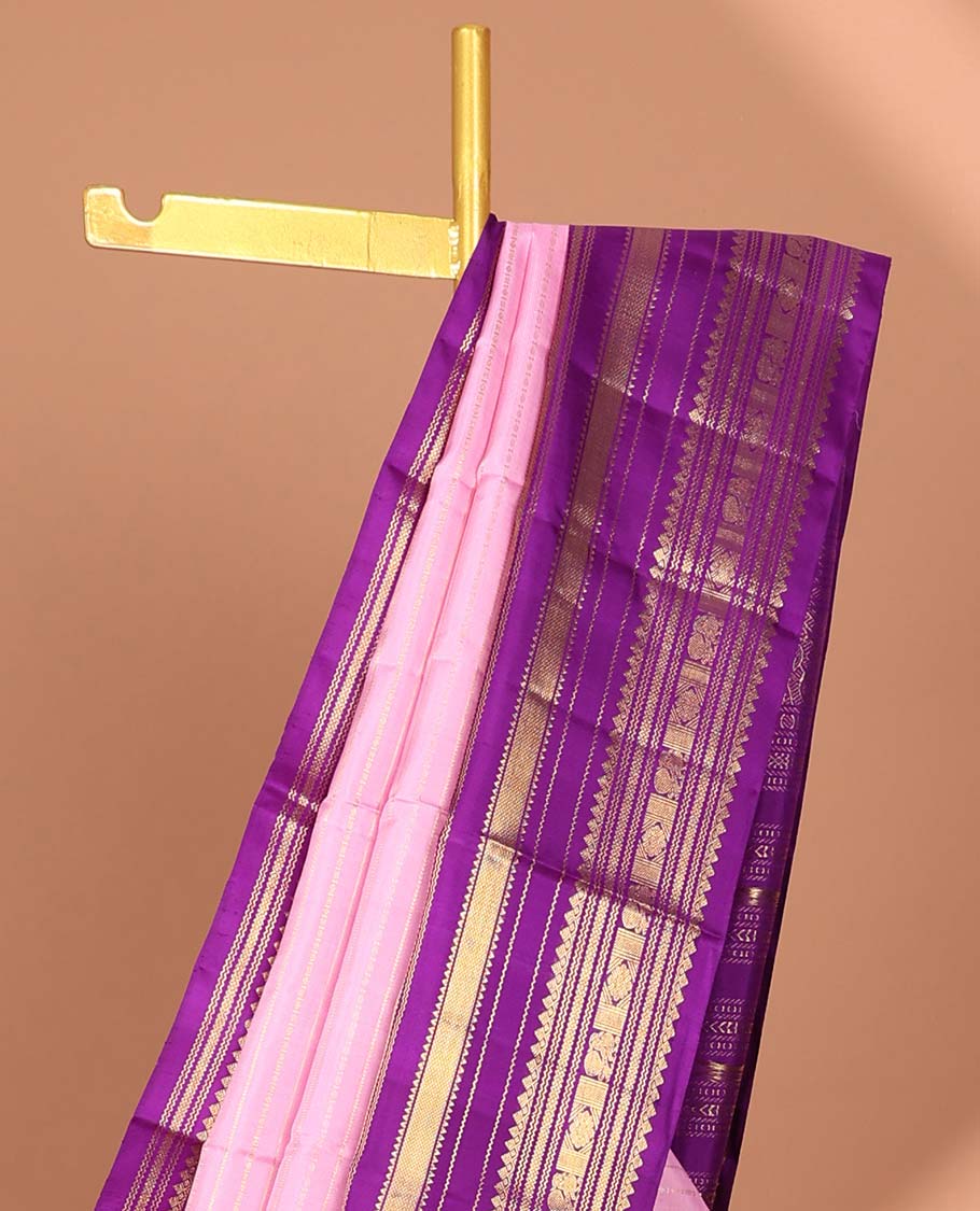 Pink striped silk saree,intricate pallu & contrast korai border of rekku, Mayil kann design