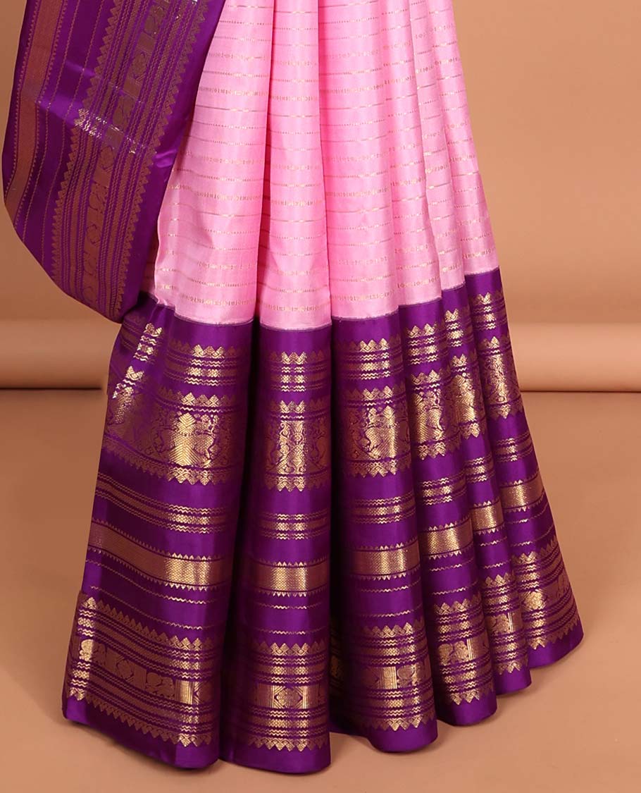 Pink striped silk saree,intricate pallu & contrast korai border of rekku, Mayil kann design