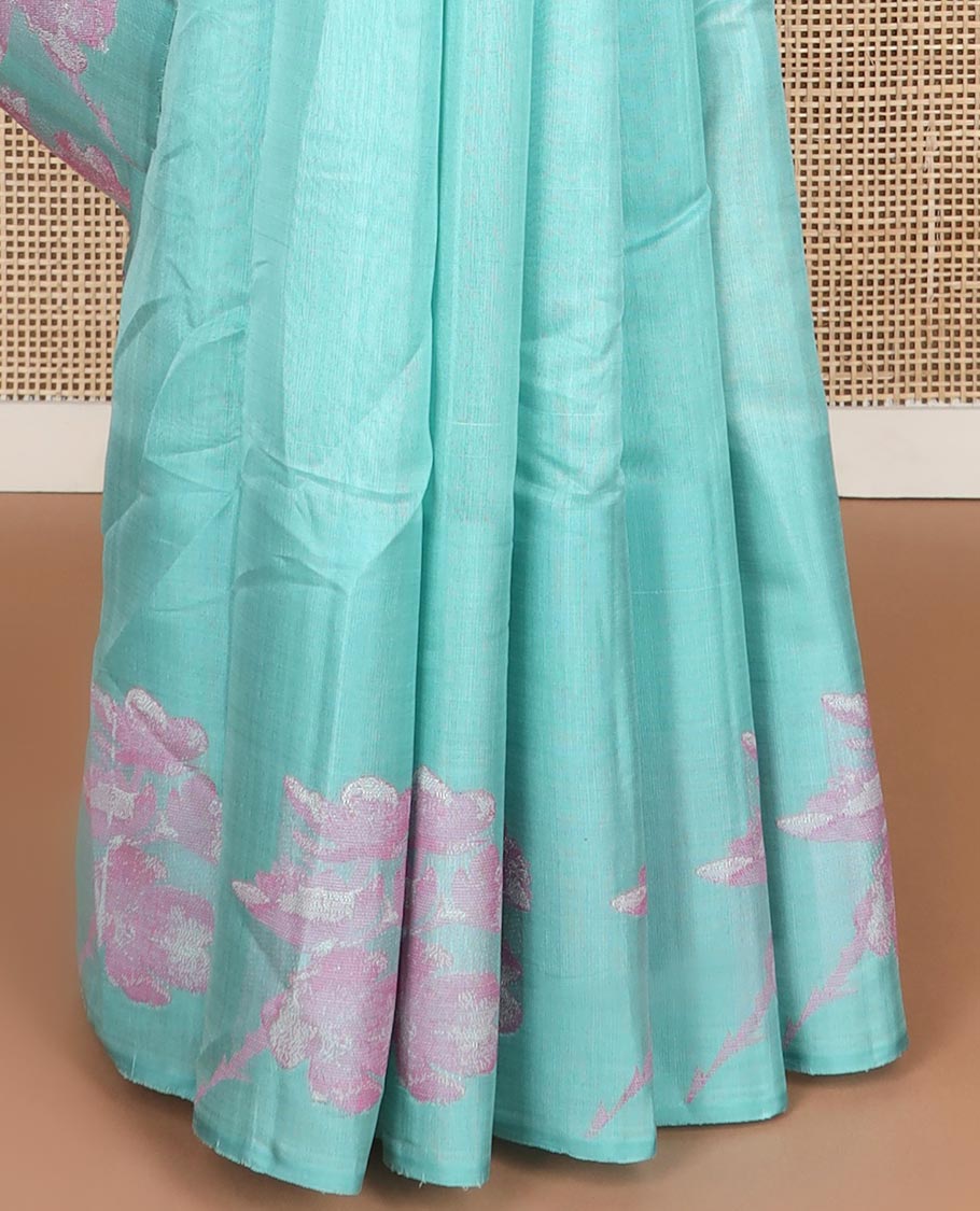 Blue kancheepuram silk saree with self floral design border & checked design pallu