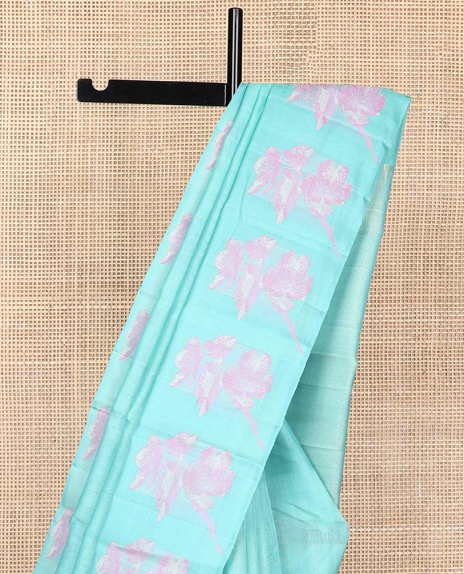 Blue kancheepuram silk saree with self floral design border & checked design pallu