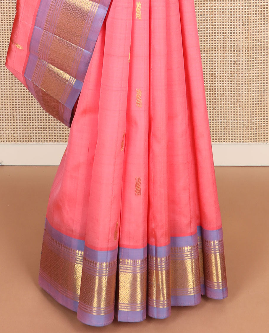 Pink zari buttas Kanchipuram silk saree, contrast one-sided border of paneer sombu,banaras,muthu & jaal & zari design pallu