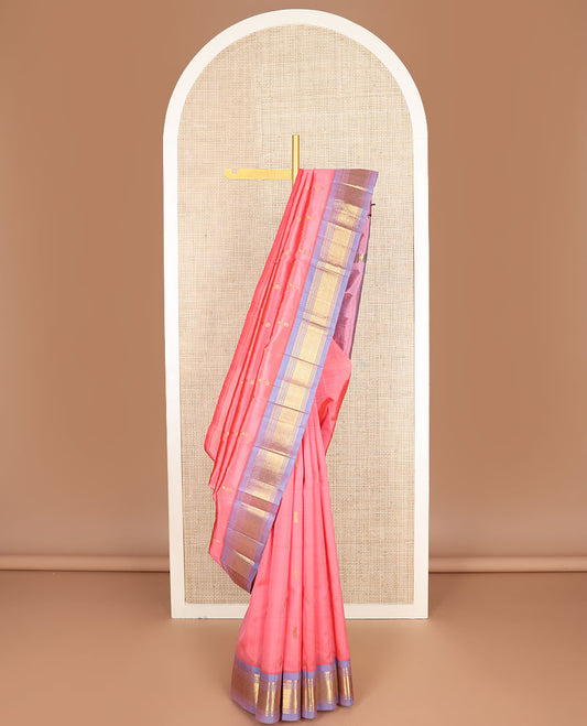 Pink zari buttas Kanchipuram silk saree, contrast one-sided border of paneer sombu,banaras,muthu & jaal & zari design pallu