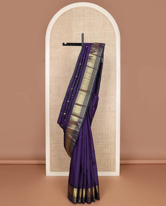 Blue zari buttas kanchipuram silk saree, one-sided zari border of panner sombu, banaras,muthu & jaal & zari design pallu