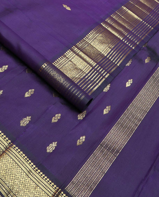 Blue zari buttas kanchipuram silk saree, one-sided zari border of panner sombu, banaras,muthu & jaal & zari design pallu