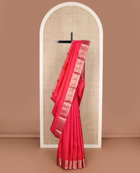 Red plain Kanchipuram silk saree, zari border of Muthu, mayil kann & yaanai designs & jaal pallu