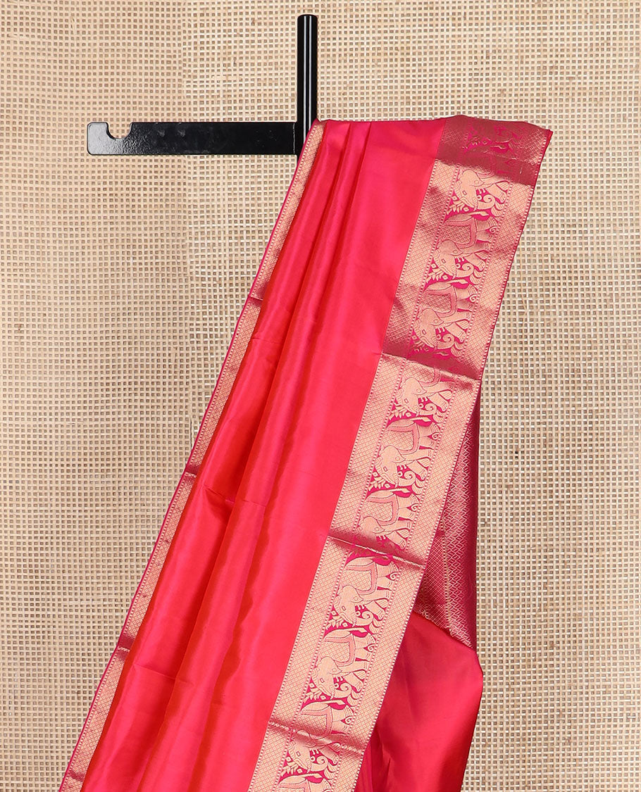 Red plain Kanchipuram silk saree, zari border of Muthu, mayil kann & yaanai designs & jaal pallu