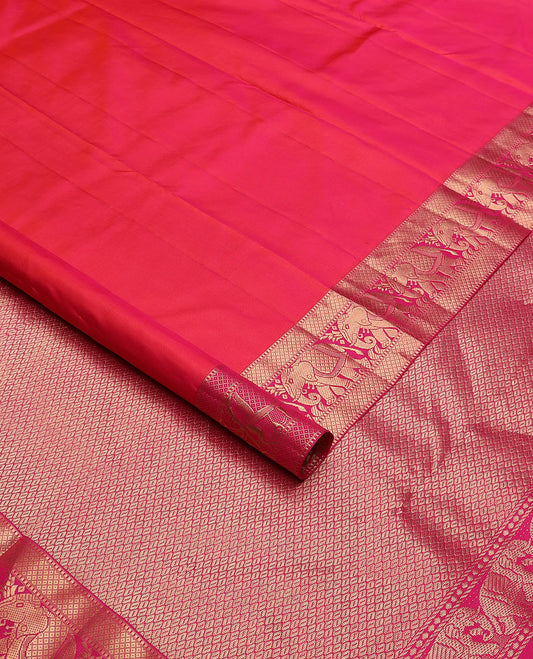 Red plain Kanchipuram silk saree, zari border of Muthu, mayil kann & yaanai designs & jaal pallu