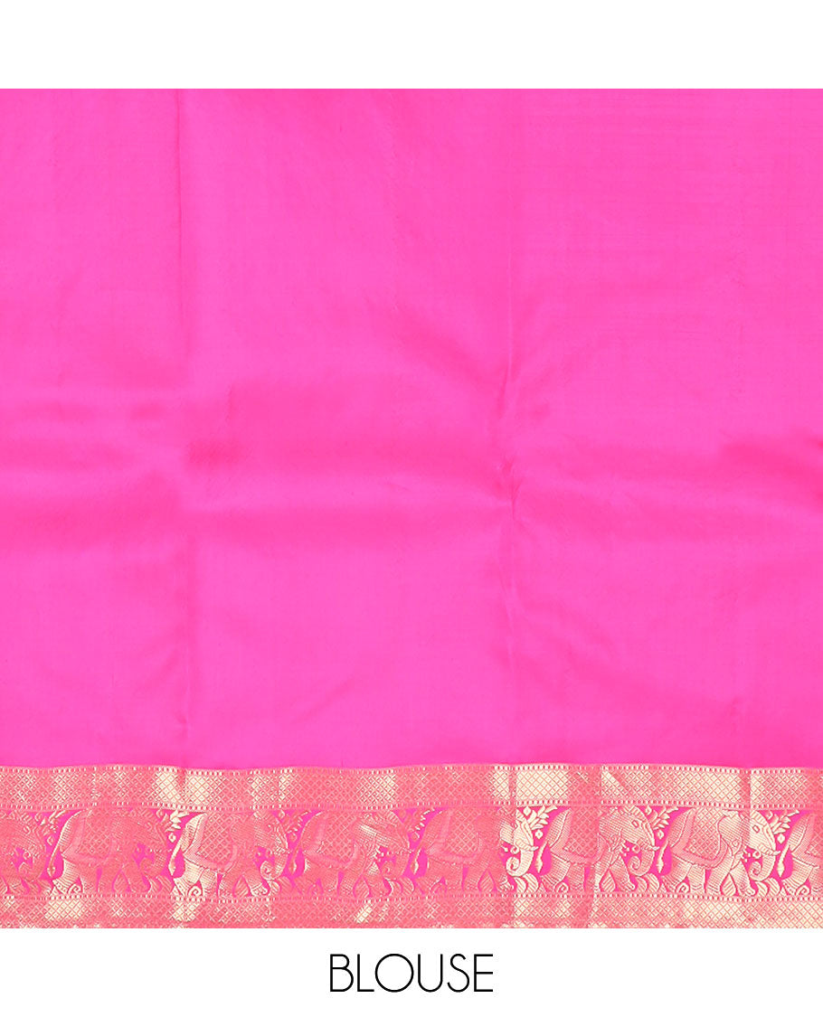 Red plain Kanchipuram silk saree, zari border of Muthu, mayil kann & yaanai designs & jaal pallu