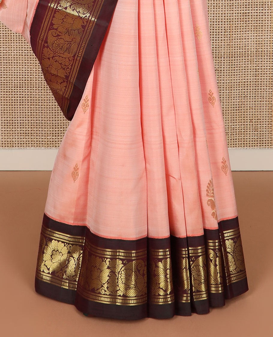 Peach zari buttas Kanchipuram silk saree, contrast korvai border of banaras, muthu, floral & manga design & floral design pallu