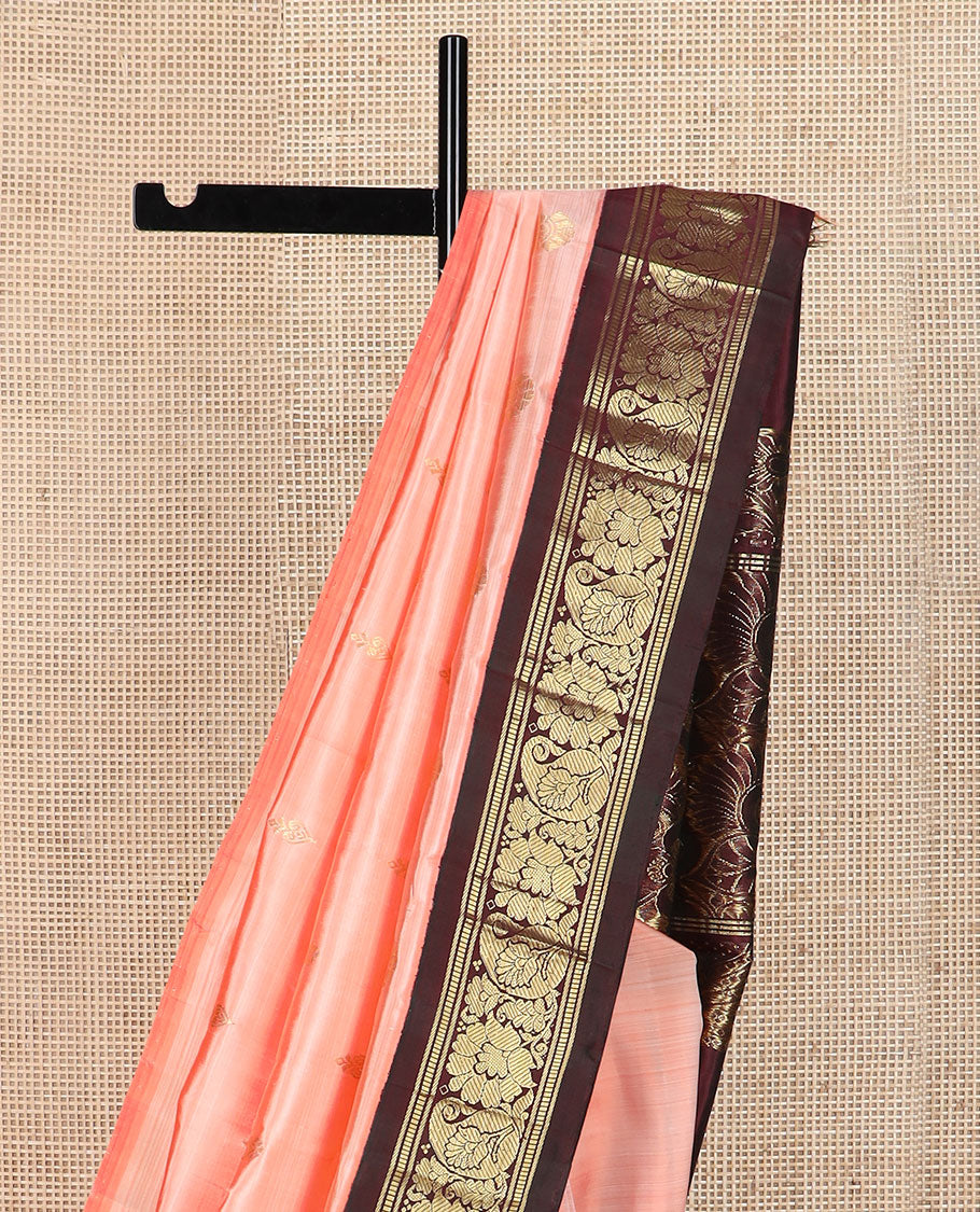 Peach zari buttas Kanchipuram silk saree, contrast korvai border of banaras, muthu, floral & manga design & floral design pallu