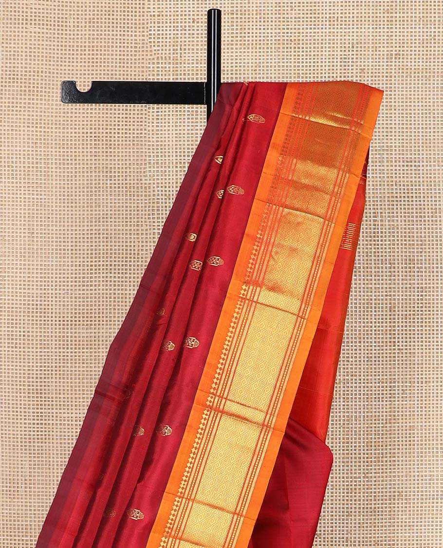 Red zari buttas silk saree, contrast one-sided border of panner sombu,bnaras,muthu & jaal & zari design pallu