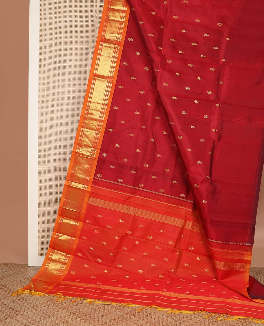 Red zari buttas silk saree, contrast one-sided border of panner sombu,bnaras,muthu & jaal & zari design pallu