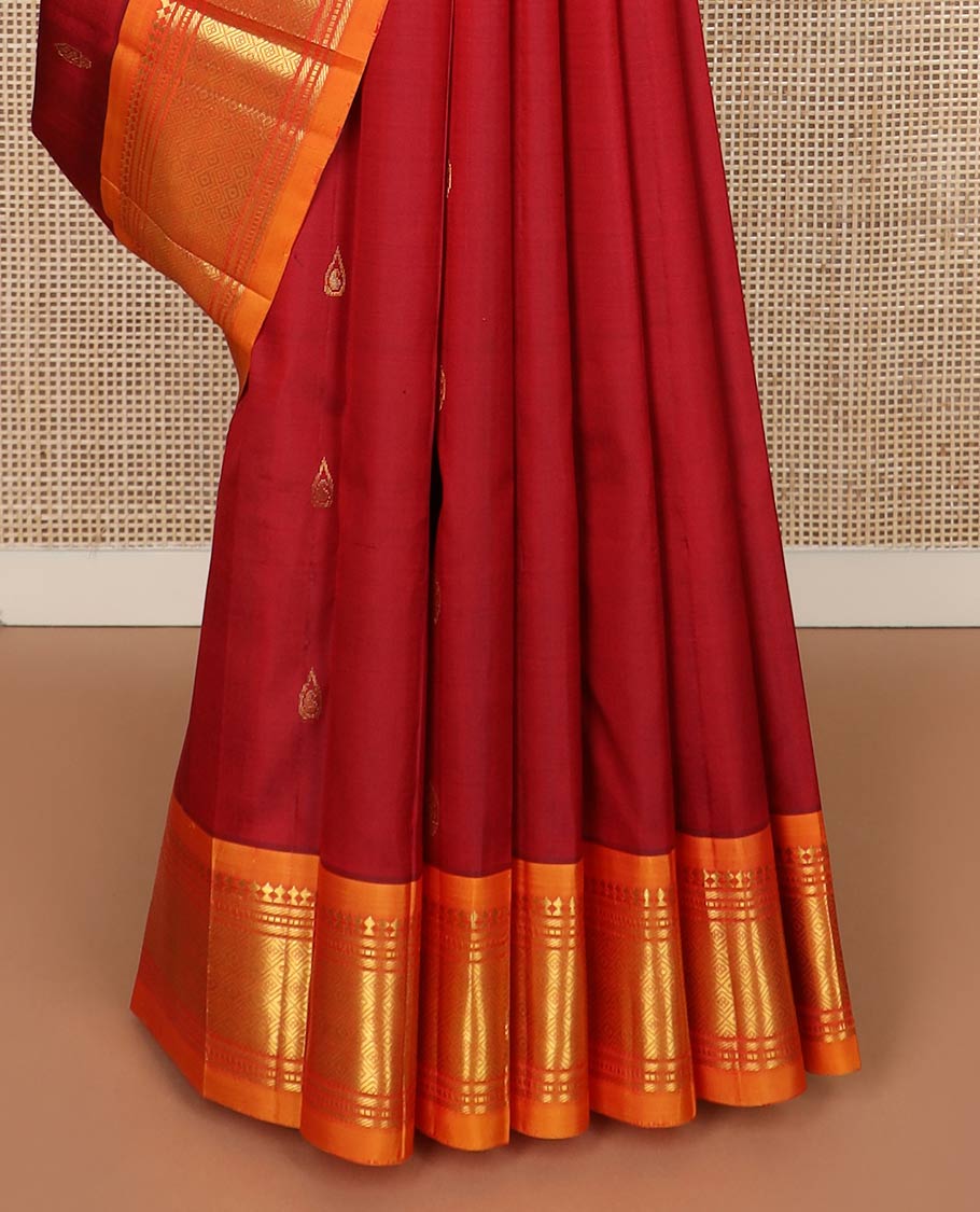 Red zari buttas silk saree, contrast one-sided border of panner sombu,bnaras,muthu & jaal & zari design pallu
