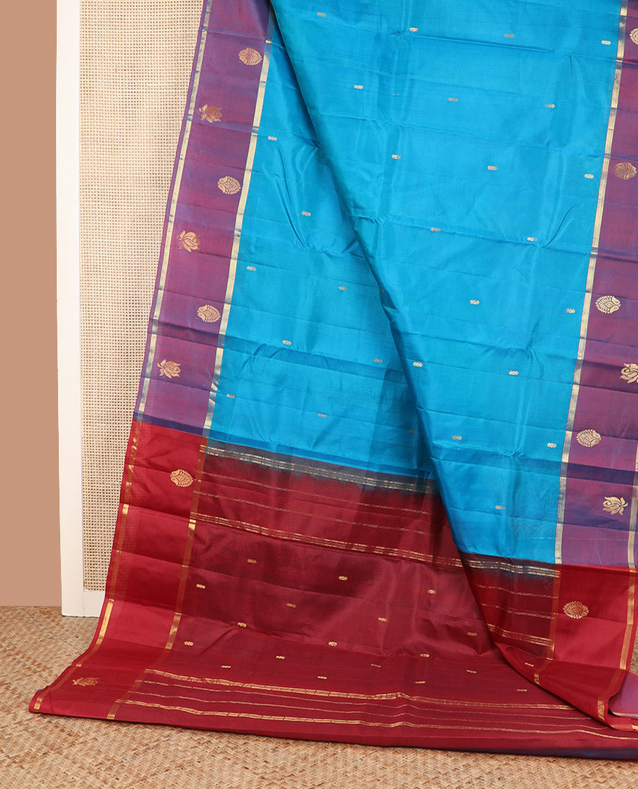 Blue zari buttas Kanchipuram silk saree,  contrast zari motifs woven border, and zari design pallu