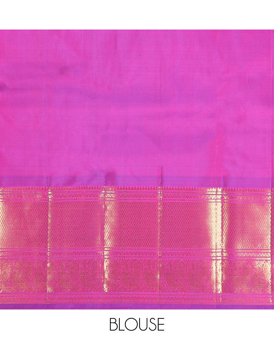 Rani pink zari buttas Kanchipuram silk saree, zari border of neli, muthu, mayil kann, and mayil designs, and pallu of traditional designs