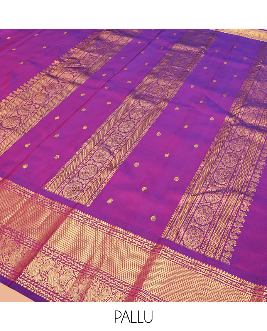 Rani pink zari buttas Kanchipuram silk saree, zari border of neli, muthu, mayil kann, and mayil designs, and pallu of traditional designs