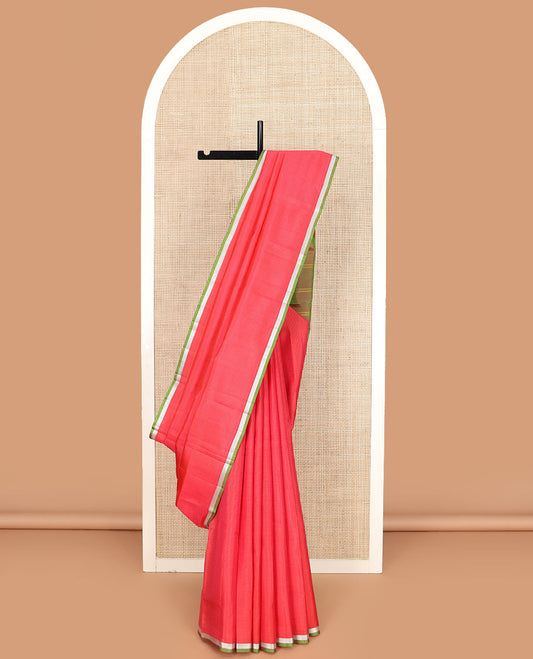 Red micro-checked Kanchipuram silk saree, contrast piping zari border of vanki designs, and striped pallu