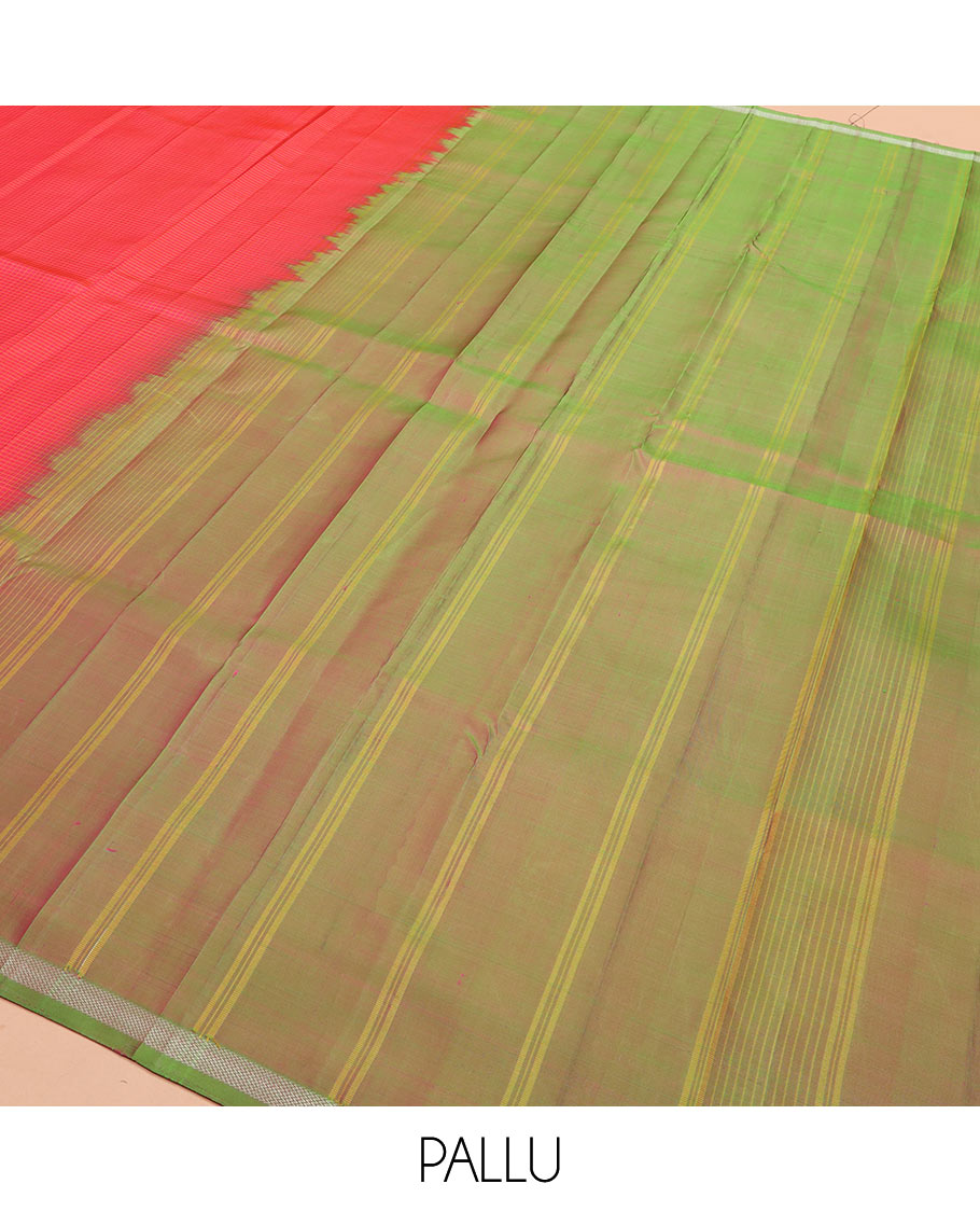 Red micro-checked Kanchipuram silk saree, contrast piping zari border of vanki designs, and striped pallu