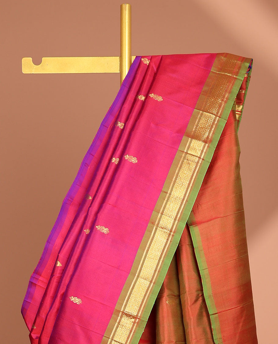 Pink floral buttas kancheepuram silk saree with contrast border jaal designs & striped,floral buttas pallu
