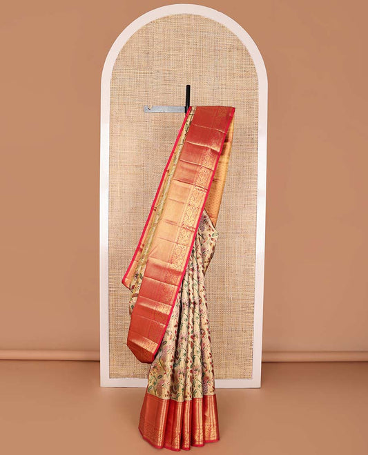 Light brown floral design kancheepuram silk saree with contrast border of thilakam mokku, muthu, ara madam, kodi visiry design & floral pallu