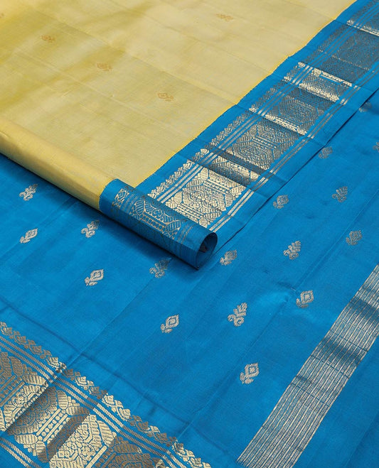 Yellow zari buttas kancheepuram silk saree, contrast one-sided korvai border of traditional designs & zari design pallu